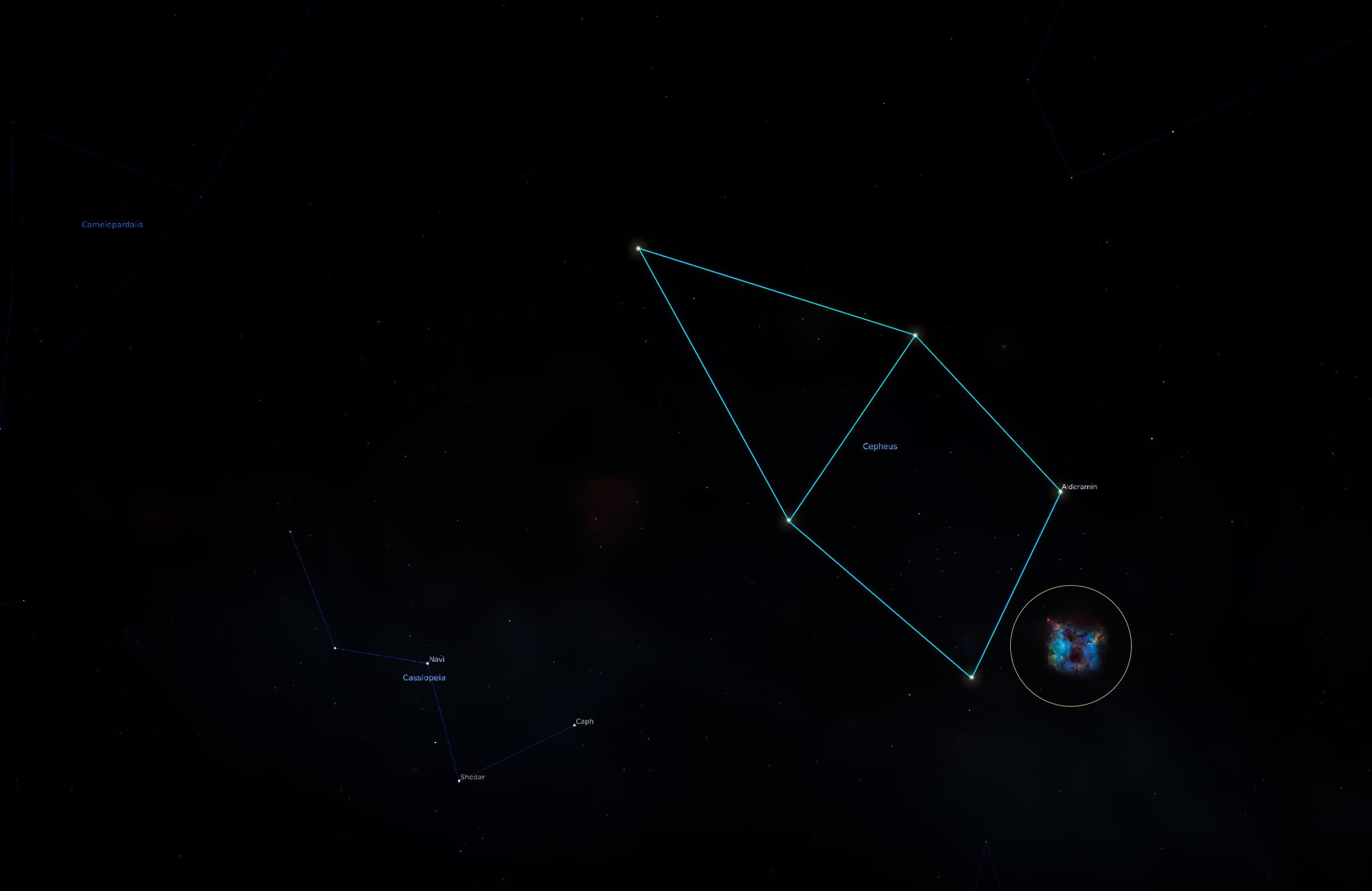 The location of the elephants trunk neubula inside the Cepheus constellation