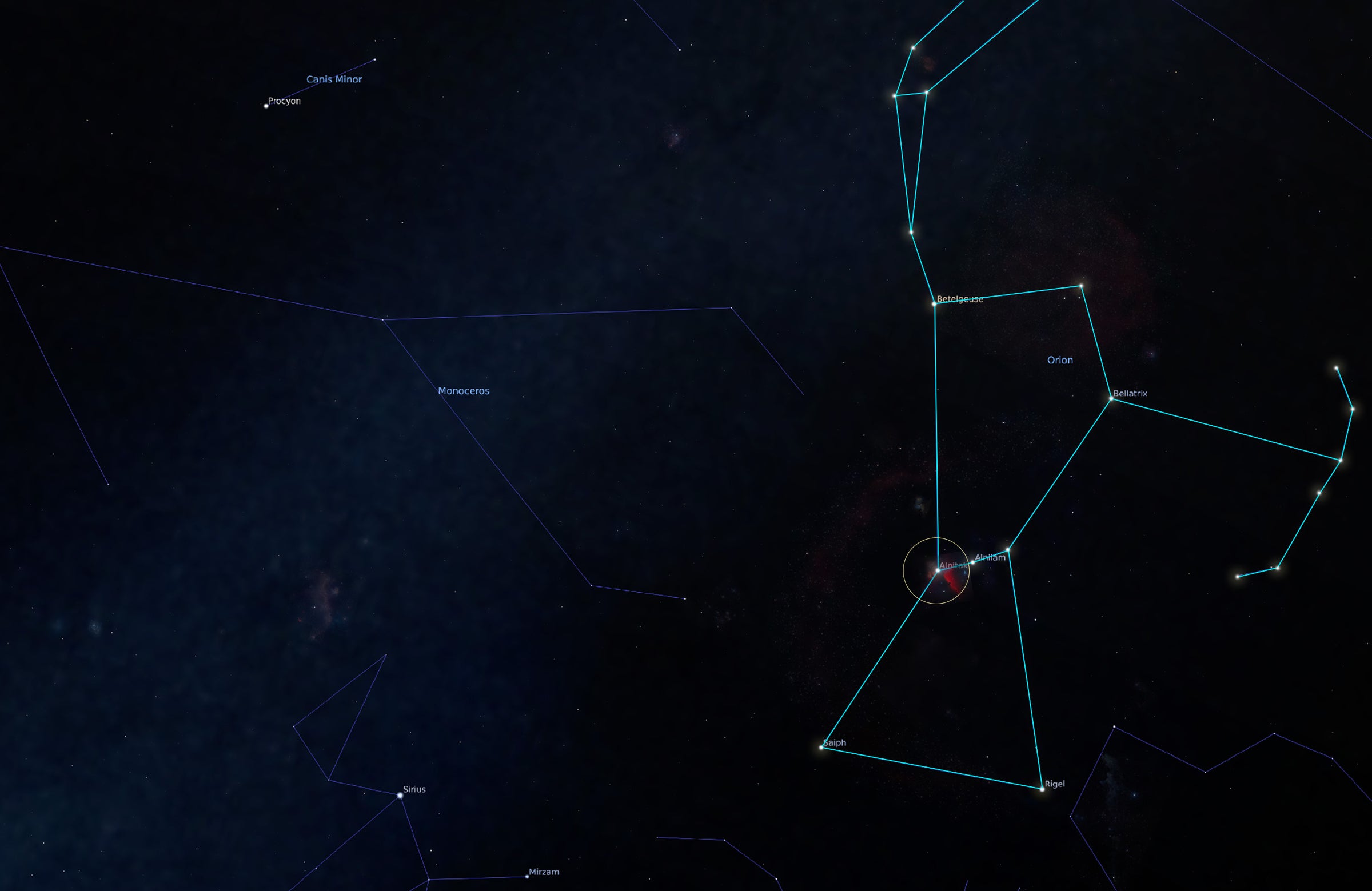 Location of the Horsehead Nebula inside the Orion Belt