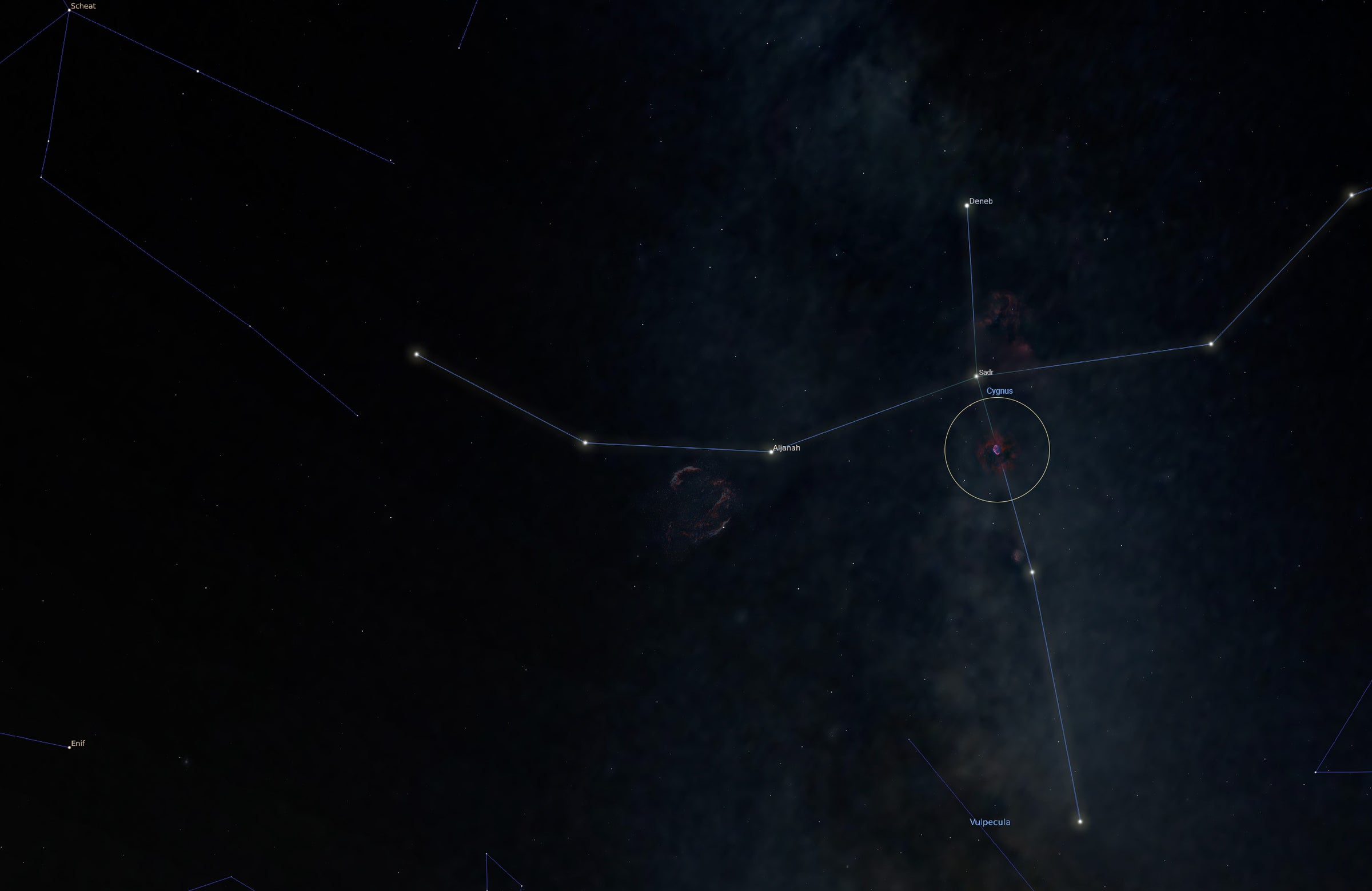 The galactic map showing the location of the Crescent Nebula inside constellation Cygnus, the Swan, sits near the bright star Sadr at the cross of the Northern Cross asterism